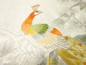 アンティーク　松に孔雀模様刺繍袋帯